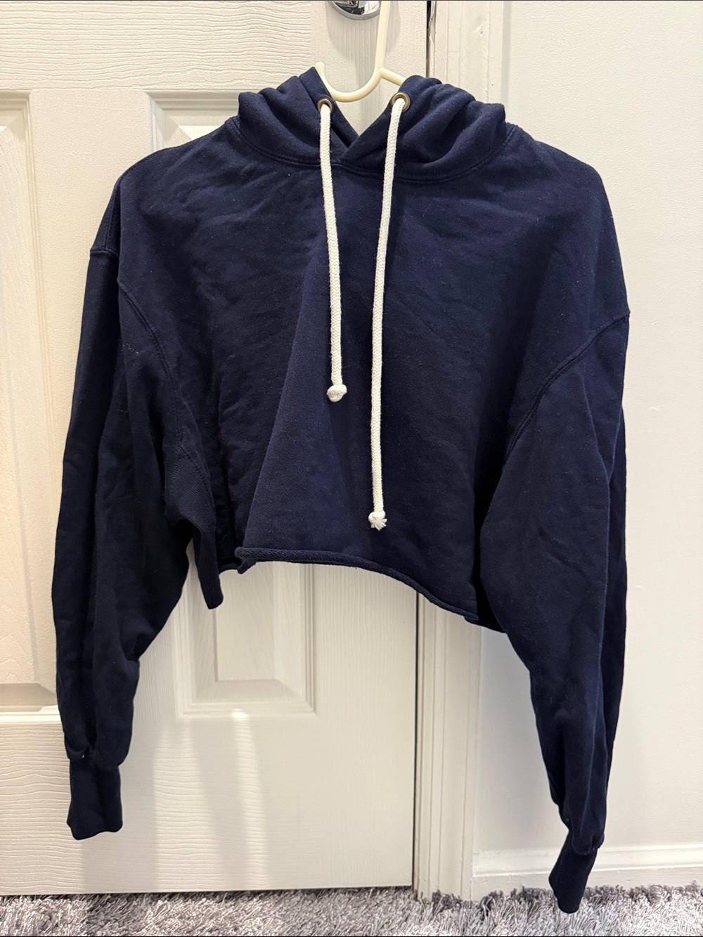 Reflex Navy Cropped Hooded Sweatshirt with White Drawstrings. Size Small